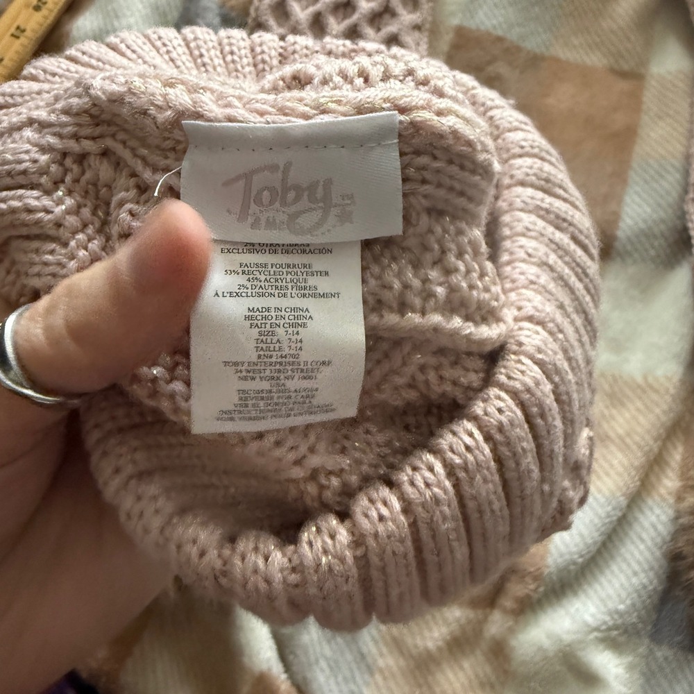 Toby Kids Girls Pink Cable Knit Hat Scarf Set Faux Fur Pom Pom Winter Warm - Picture 5 of 5